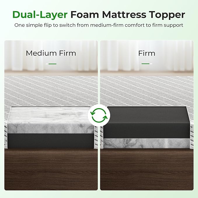 Bamboo Mattress Topper Full Size 3 Inch, Cooling Gel & Bamboo Charcoal Memory Foam Mattress Topper for Back Pain Relief, Firm Dual-Layer Foam Bed Pad with Removable Cover