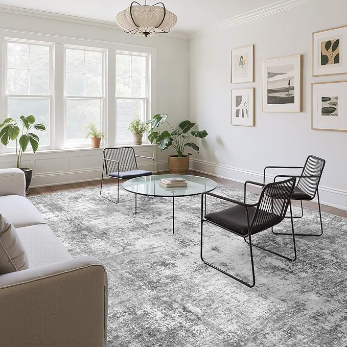 Washable 9X12 Area Rug: Modern Abstract Soft Non-Slip Indoor Rugs Home Decor - Low Pile Stain Resistant Foldable Rug for Living Room Bedroom Dining Room Playroom Office(Grey 9'x12')