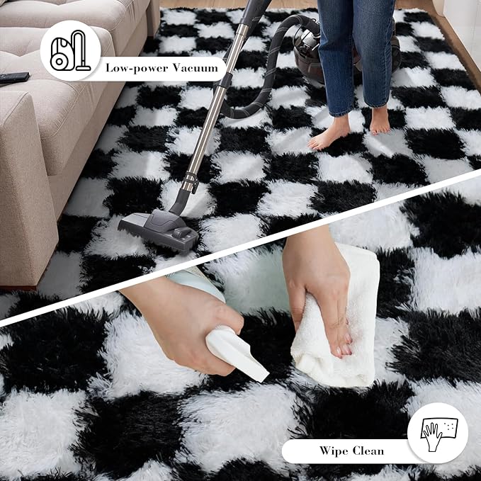 Checkered Rug for Bedroom, 2x6 Black and White Area Rugs, Classic Checkered Carpets Shaggy Area Rug, Bedside Rugs for Living Room Bedroom Kids Room Home Decor