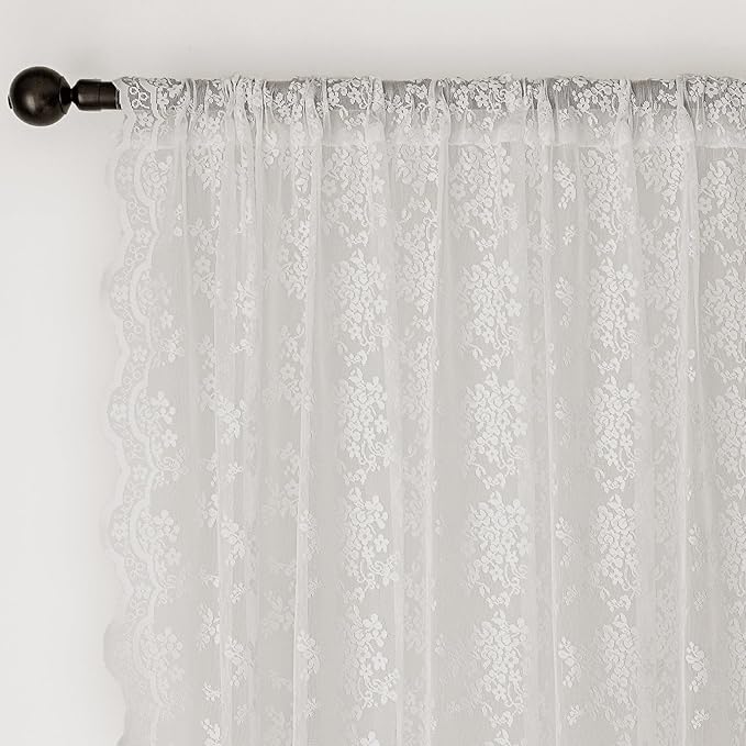 Anmao Vintage Lace Valance Kitchen Curtains 18 Inches Long 2 Panels, Semi Sheer Floral Over Sink Lacy Cafe Curtain, Elegant Window Short Small Drapes, 55W x 18L, White Plum