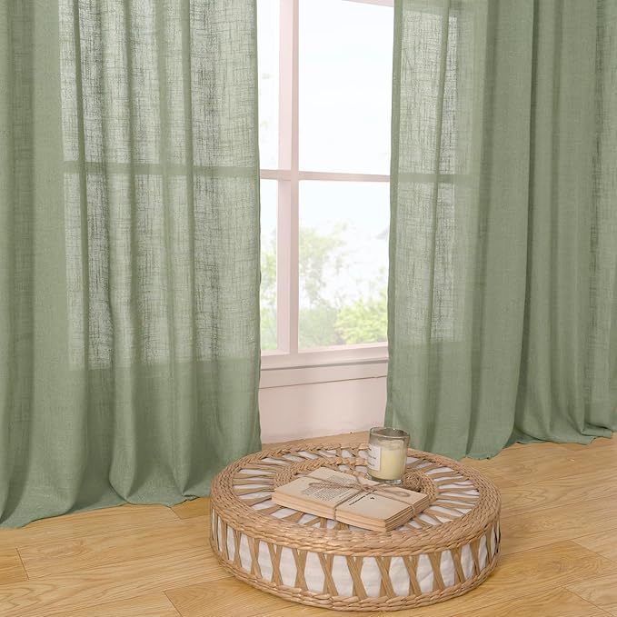 LAMIT Sage Green Linen Curtains 90 Inch for Living Room, Back Tab and Rod Pocket Linen Textured Curtains Light Filtering Drapes for Bedroom/Dining Room, Set of 2, 52 x 90 Inch