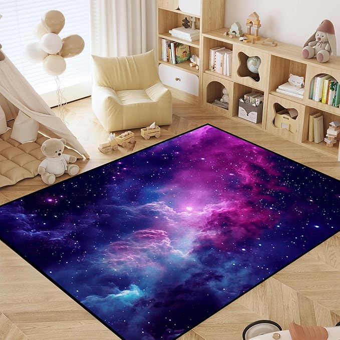 Purple Galaxy Rug Space Rugs Colorful Throw Rug Non-Slip Sun and Cloud Carpet Doormats for Living Room Bedroom Apartment Dorm Floor Mat 71 in x 47 in