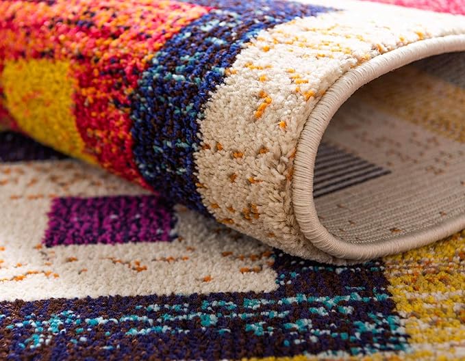 Unique Loom Estrella Collection Colorful, Geometric, Squares Modern, Abstract Area Rug (6' 0 x 6' 0 Round, Multi/Beige)