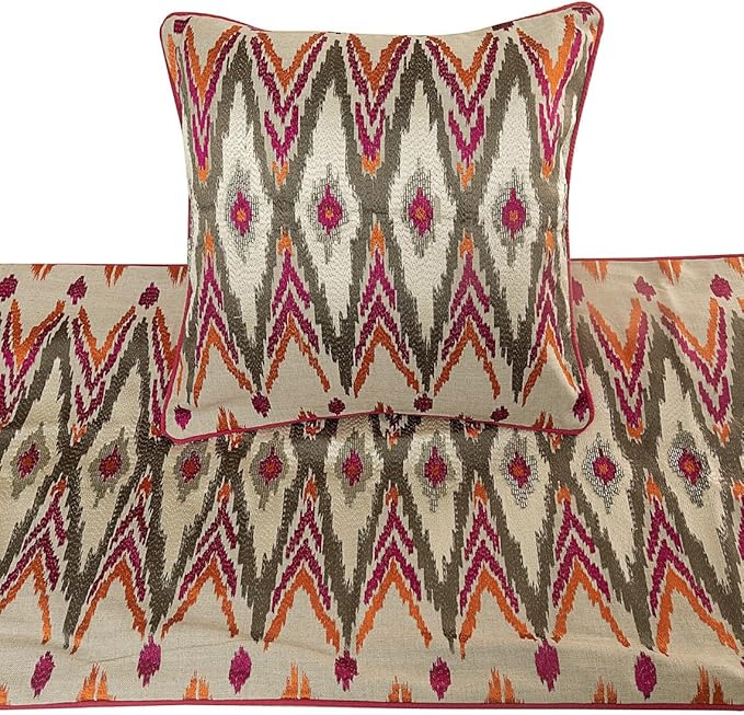 The HomeCentric King Queen Twin Multi Color & Pink Handmade Queen 74"x18" Bed Runner Without Pillow Cover, Embroidered & Beaded Bed Scarf on Cotton Linen Fabric - My Ikat Love