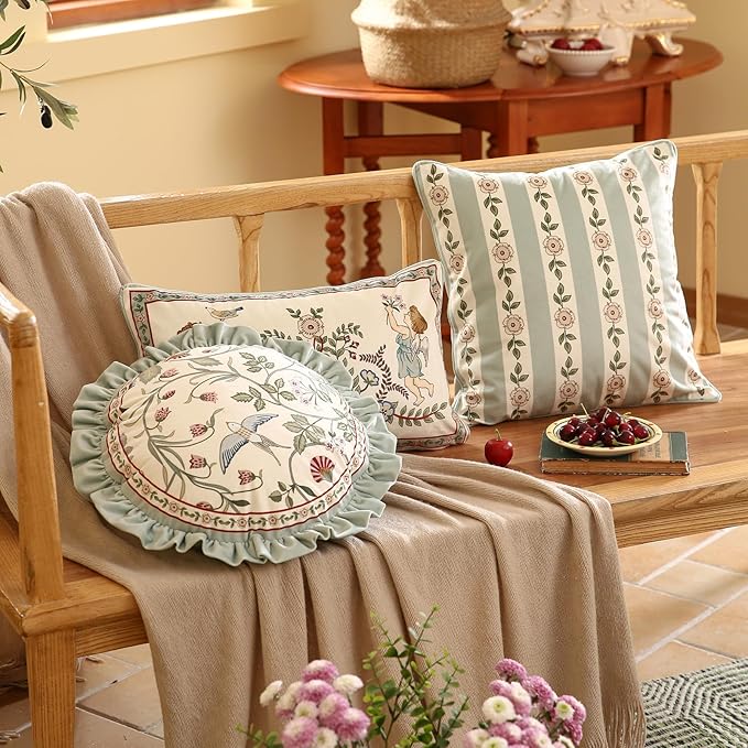 Round Throw Pillow Cover,Green Cozy Velvet Farmhouse with Birds and Floral Pattern Pillowcases,Decoration Pillows Cushion Covers for Couch Sofa Bed Car Chair,Diameter 16"