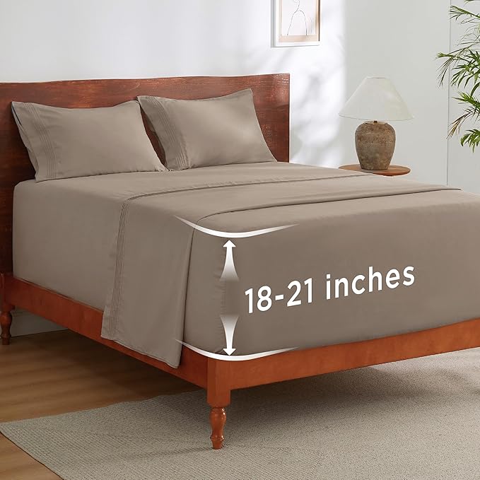Bedsure Deep Pocket King Sheet Set - Fits Mattresses Up to 21 Inches Thick - 4 Piece GentleSoft Bed Sheets, Moisture Wicking, Soft & Cooling Bedsheet & Pillowcases, Easy & Secure Fit, Brown