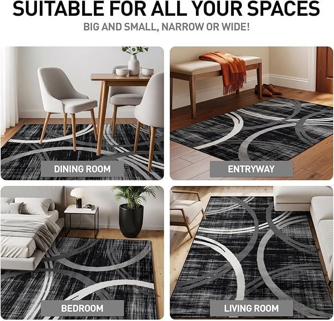 Rugshop Modern Wavy Circles Design Area Rug, Non-Shedding Carpet for Living Room, Primary Bedroom, or Dining Room, Grand Room,Open Spaces Black, 10' x 14'