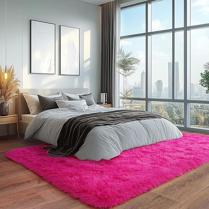 Soft Shaggy for Bedrooms, Hot Pink Area Rug, Fluffy Rugs for Living Room, Cozy Fuzzy Carpet for Kids, Perfect Indoor Decor for Boys and Girls 4x6 Feet