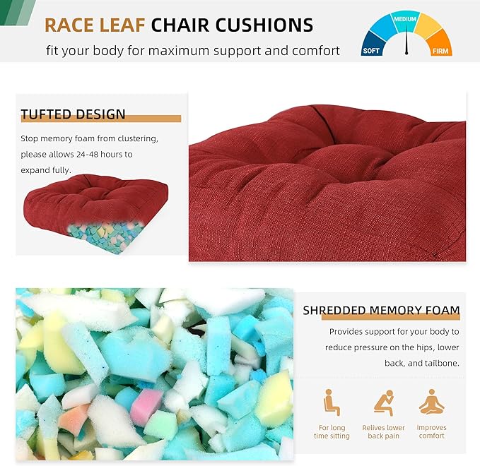 RACE LEAF Patio Chair Cushions 17x17 4 Pack, Memory Foam Outdoor Seat Cushions Water Resistant Tufted Non-Slip Bottom (Red)