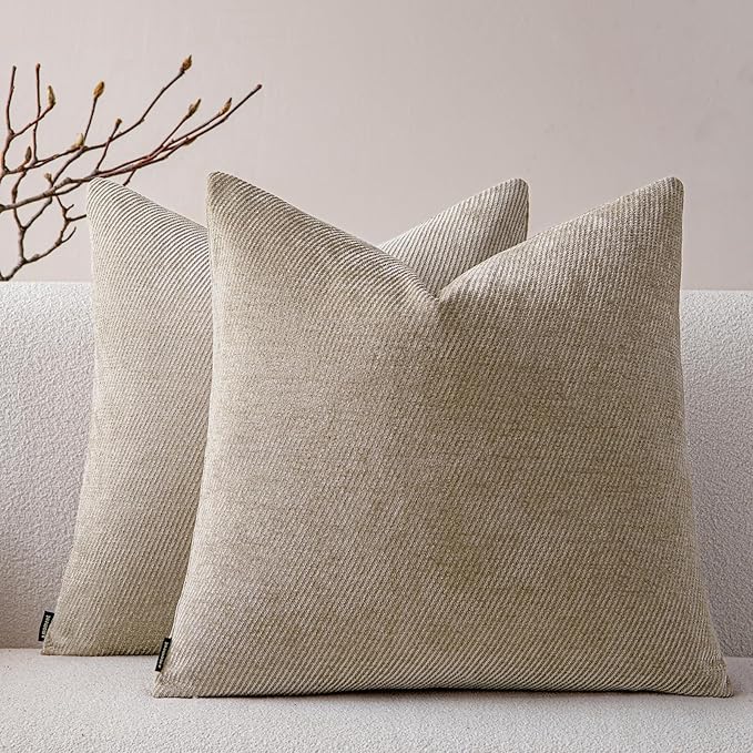 a moment Pack of 2 Decorative Chenille Throw Pillow Covers with Twill Cushion Covers for Sofa Living Room Couch Bed 16x16 Inch Light Brown