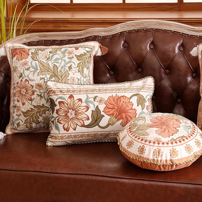 Throw Pillow Covers Pack of 2,Orange Cozy Velvet with Minimalist Floral and Leaves Pattern Pillowcases,Decoration Lumbar Pillows Cushion Covers for Couch Sofa Bed Car Chair,12"x20"