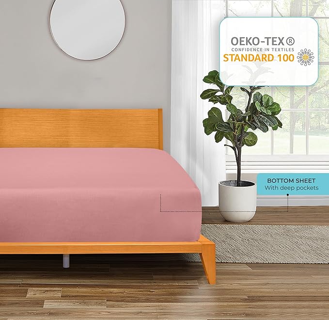 ROYALE LINENS 300 Thread Count 100% Long Staple Combed Cotton Fitted Sheet Queen - Super Soft Deep Pocket Bottom Sheet - Fitted Sheets Only - Elastic Sheets (Queen, Pink)