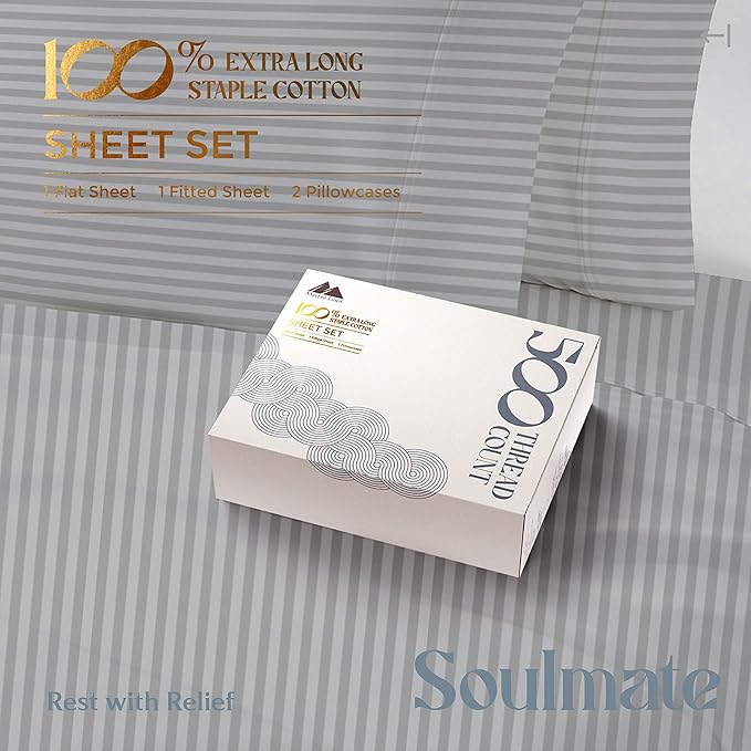 Mayfair Linen 100% Cotton Striped Sheets Twin Size Bed Set - 500 Thread Count Damask Sheets Twin Size 3 PC Set (Silver Stripe), Soft, Cooling, Sateen Hotel-Quality 16" Deep Pocket Cotton Bedsheet