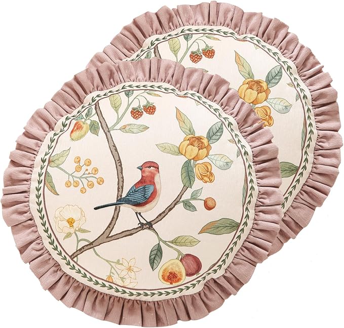 Round Pink Farmhouse Throw Pillow Covers Pack of 2,Birds and Flowers Pattern Cozy Velvet Pillowcases,Decoration Pillows Cushion Covers for Couch Sofa Bed Car Chair,Diameter 16"