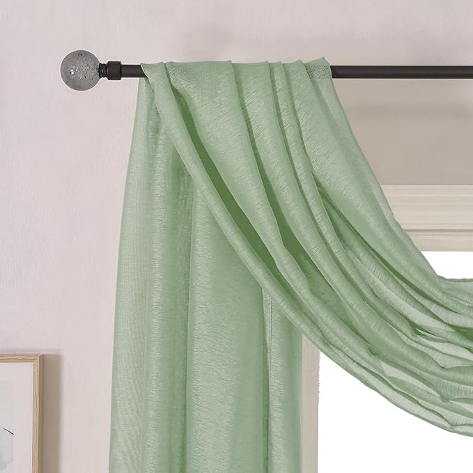 DONREN Sage Green Sheer Window Scarf Valance - Luxury Soft Semi Sheer Scarf for Window Wedding Arch Curtains (1 Panel, 34 x 216 Inch Length)