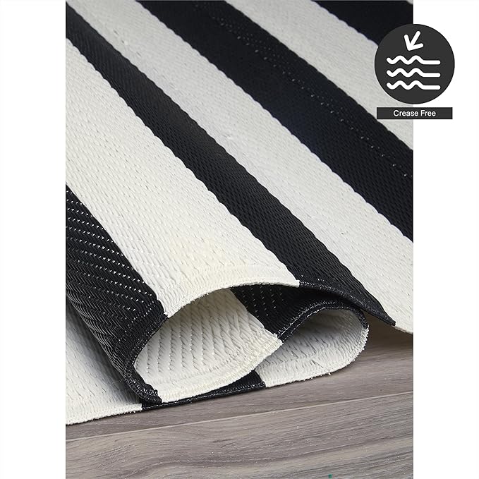 FH Home Outdoor Rug - Waterproof, Fade Resistant, Reversible - Premium Recycled Plastic - Striped - Large Patio, Deck, Sunroom, Camping, RV - Brittany Stripe - Black & White Crease Free - 6 x 9 ft