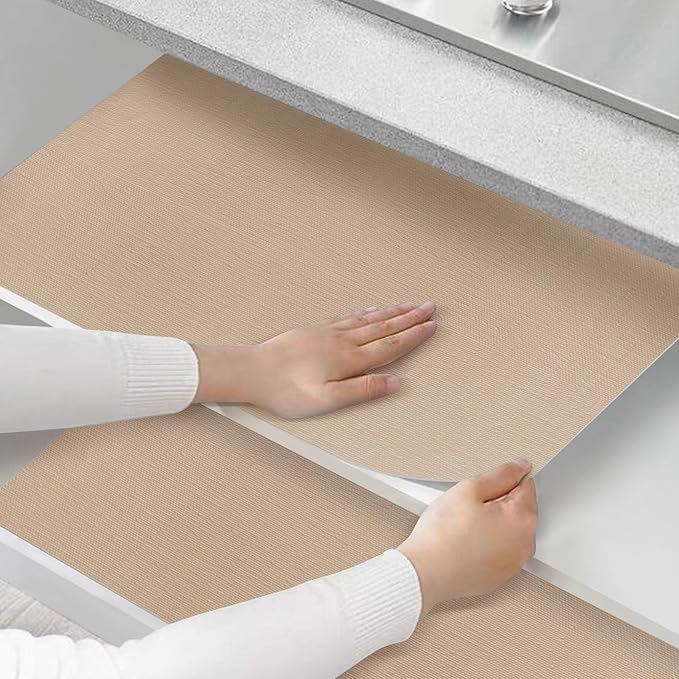 Shelf and Drawer Liner for Kitchen Cabinets Non-Adhesive, Strong Grip Non-Slip Thickened Cabinet Liners for Shelves, Waterproof Mats for Dresser Cupboard, Khaki, 17 in x 30 Feet