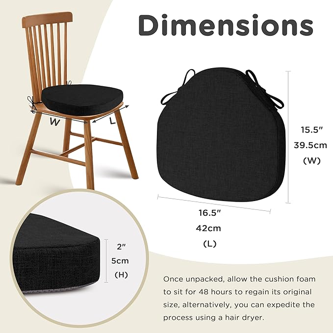 AddGrace Chair Cushions for Dining Chairs Set of 6 Windsor Kitchen Chair Cushions with Removable Textured Cover and Non Slip Bottom Indoor Chair Pads with Ties and Foam (16.5x15.5 Inches Black)