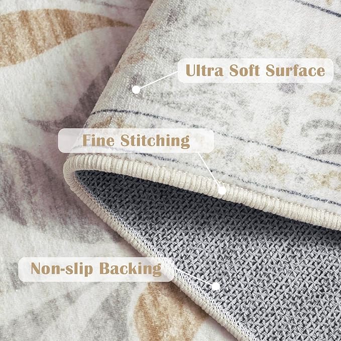 jinchan Vintage Floral 5x7 Area Rugs - Machine Washable Distressed Design Soft Ultra-Thin Low-Pile Non-Slip Carpet for Kitchen Bedroom Nursery Living Room Dining Room Home Office (5x7ft, Light Grey)