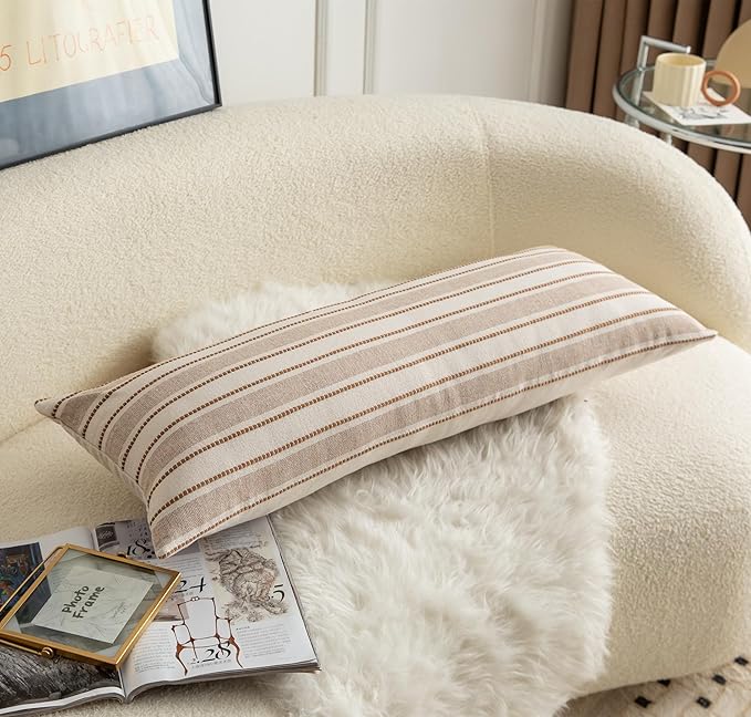 Decorative Boho Lumbar Pillow Covers, Modern Farmhouse Couch Pillowcase, 14 x 36 Long Accent Body Throw Pillow Covers, Sofa Bed Living Room Decor Cushion Case, Brown and Beige, Pack of 1