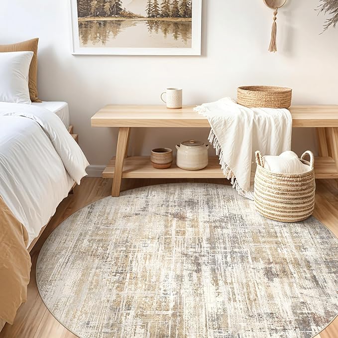 5ft Round Area Rug for Living Room: 5x5 Washable Neutral Abstract Modern Soft Rugs Non Slip Indoor Floor Stain Resistant Carpet for Bedroom Dining Room Office Nursery - Golden Brown