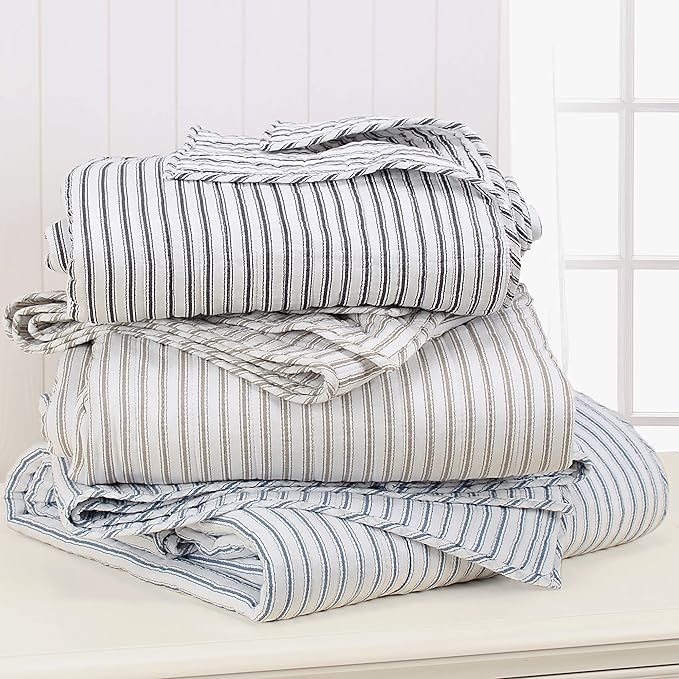 Levtex Home Tobago Stripe Taupe Reversible Twin XL/Twin Quilt Set (68x86in) with 1 Pillow Sham (26x20in) - Striped - Taupe, White - Cotton Twin Size Quilt Bedding Set - Lightweight, Soft, Pre-Washed