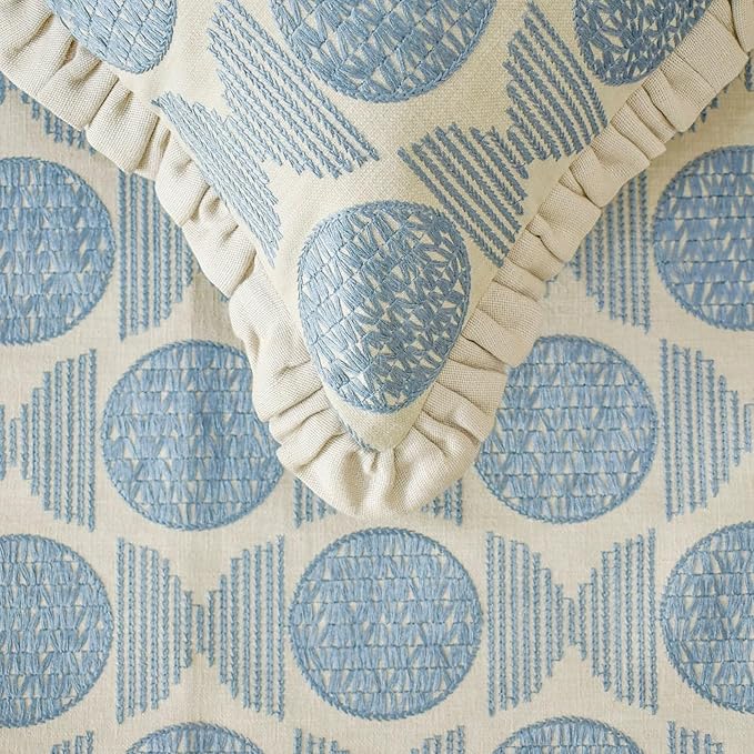 The HomeCentric King/Queen/Twin Blue Decorative Bed Runner Queen 74"x18" Bed Runner Without Pillow Cover, Embroidery, Ruffles Bed Scarf on Linen Fabric - Ellara Blue