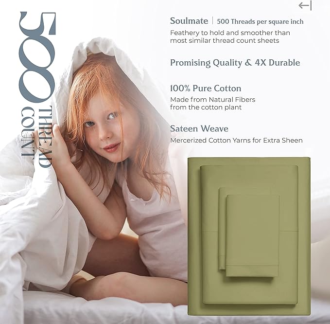 Mayfair Linen 500 Thread Count 100% Cotton Sheets King Size Bed Set - 4 PC King Bed Sheet Set Cotton (Sage Green), Soft, Cooling, Sateen 16" Deep Pocket Bedsheet for Hot Sleepers (Fits 18" Mattress)