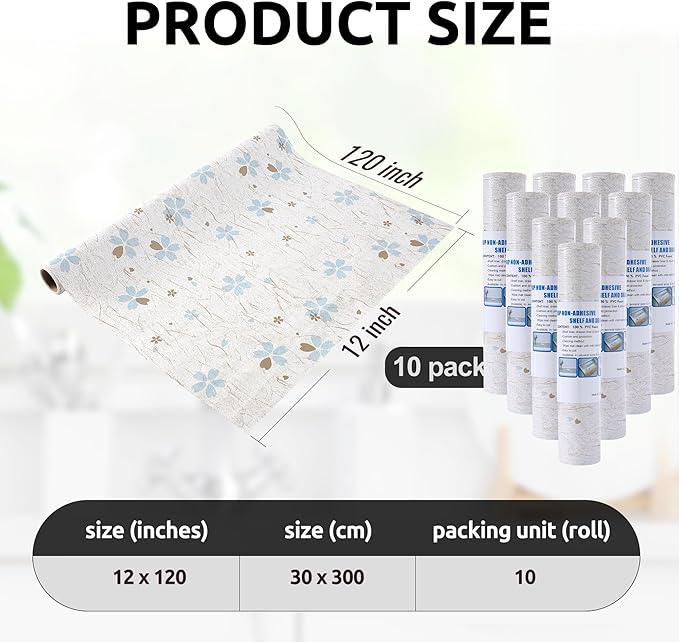 RAY STAR 12X120 Inch Shelf Liner for Kitchen Cabinets, Non-Adhesive Cabinet Liner Washable, PVC Drawer Liner for Dresser Non-Slip Bathroom (Floral)(10 Roll)