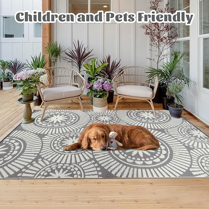 Ileading Reversible Plastic Outdoor Rug Modern Geometric Style Patio Straw Mat Waterproof Deck Carpets Non Shedding Portable Area Rugs for RV Beach Backyard Outside Pool Picnic Camping (5'x8'Grey)