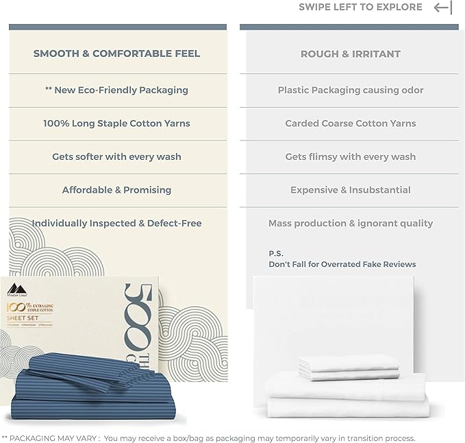 Mayfair Linen 100% Cotton Striped Sheets Queen Size Bed Set - 500 Thread Count Damask Sheets Queen Size 4 PC Set (Light Blue Stripe), Soft, Cooling, Sateen Weave Hotel-Quality 16" Deep Pocket Bedsheet