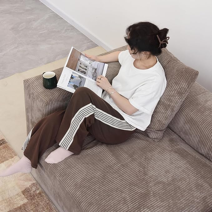 JACH 142" Sectional Couch Sofa with 5 Pillows, Corduroy Modular Sectional Couch, Cushion Covers Removable, Soft Sofas Couches for Living Room, Office, Apartment, Light Brown