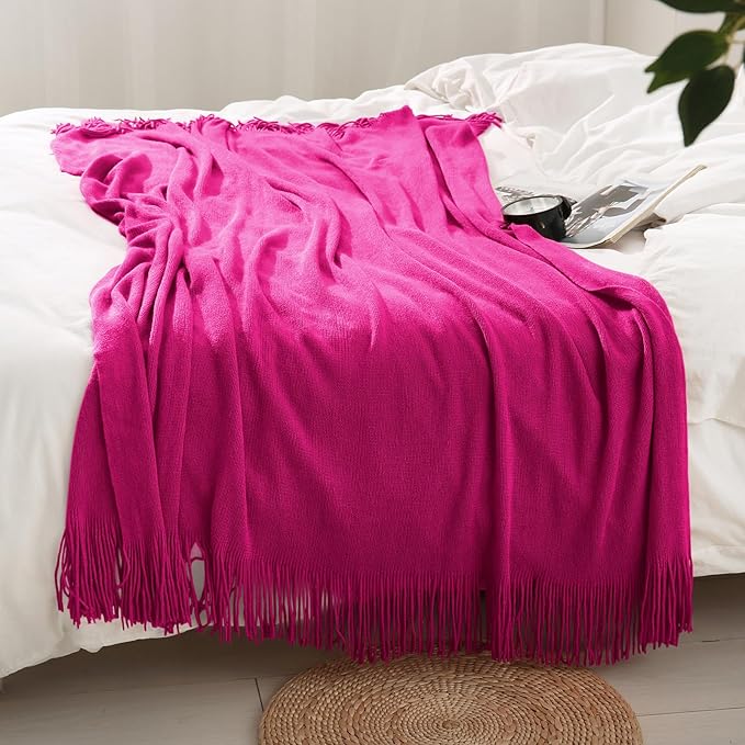 Homiest Decorative Knitted Throw with Fringe, Lightweight Acrylic Knit Blanket, Soft & Cozy Tassel for Couch Sofa Bed (Fuschia, 50 x 60 Inch)