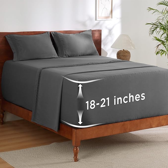 Bedsure Deep Pocket Full Size Bed Sheets Set - Fits Mattresses Up to 21 Inches Thick - 4 Piece Bed Sheets, Moisture Wicking, Soft & Cooling Bedsheet & Pillowcases, Easy & Secure Fit, Dark Grey
