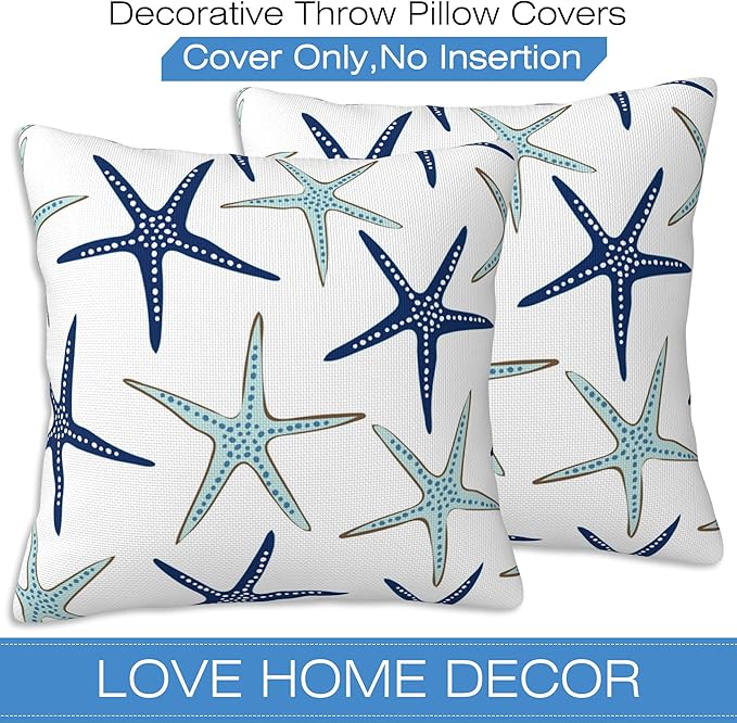 Throw Pillow Covers Nautical Starfish Pillow Covers 20x20 Inch Set of 2 Navy Blue and Turquoise Sea Stars Throw Pillows Decorative Pillow Cases Cushion Covers for Bedroom Livingroom