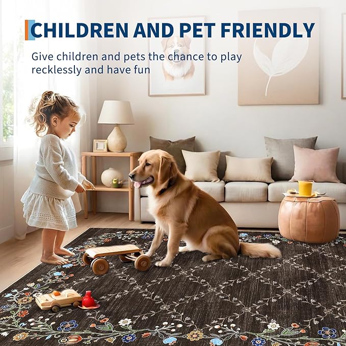 Garveehome 5x7 Washable Floral Area Rugs for Living Room: Modern Floral Non Slip Large Area Rugs for Bedroom, Large Machine Washable Living Room Low Pile Carpet with Non-Slip Backing Brown 5 ft x7 ft.