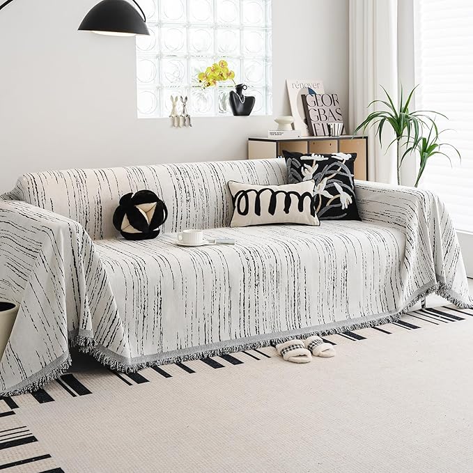Chenille Couch Cover Pet Friendly, Sofa Cover Washable, Reversible Sofa Slipcover for Sectional Sofa, Loveseat, 2 or 3 Cushion Couch, Corner Sofa, Futon Cover (71" X 150", White)