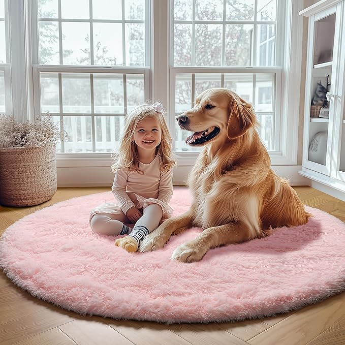ONASAR Light Pink Round Area Rugs 5ft for Bedroom Living Room, Washable Fluffy Circle Rug for Kids Girls Boys Teen, Soft Plush Shaggy Carpet for Nursery Dorm Classroom Playroom Home Decor Aesthetic