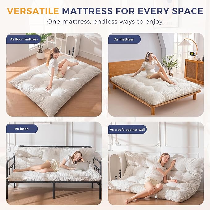 MAXYOYO Japanese Floor Mattress Queen Size, 6" Foldable Futon Mattress Tufted Roll Up Floor Bed, Thick Chenille Tatami Mat Sleeping Pad for Camping Guest Room Dormitory Bedroom RV, Beige