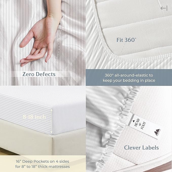 Mayfair Linen 100% Cotton Striped Sheets Queen Size Bed Set - 500 Thread Count Damask Sheets Queen Size 4 PC Set (White Stripe), Soft, Cooling, Sateen Weave Hotel-Quality 16" Deep Pocket Bedsheet