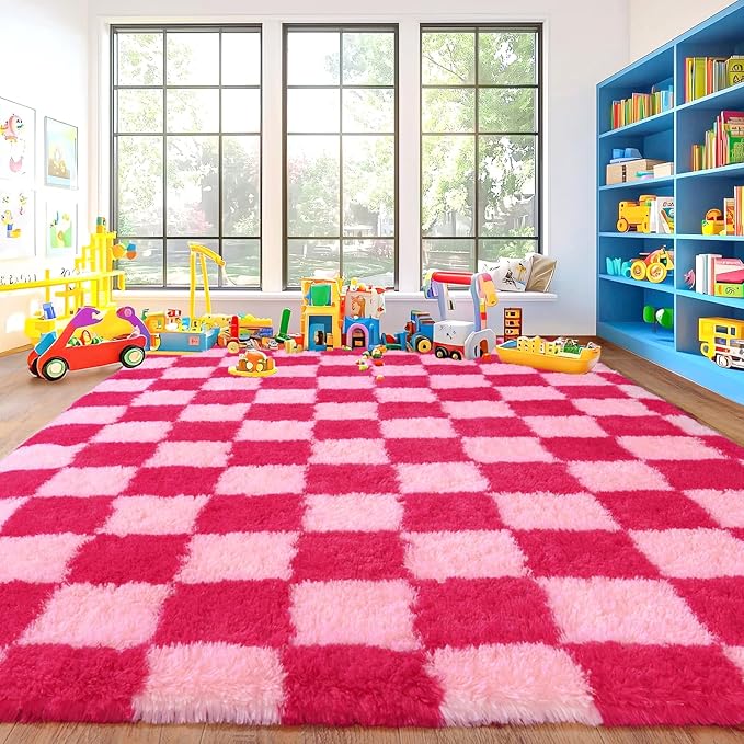 Area Rugs for Living Room, Soft Shaggy Carpets for Living Room, Fuzzy Rugs for Kids' Room, Perfect Decor for Modern Home Hot Pink Grid 8x10 Feet