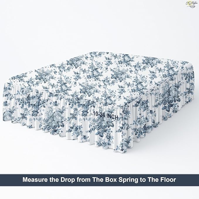 Cottington Lane Ruffled Bed Skirt King Size with Split Corner, Brushed Microfiber Hotel Quality Dust Ruffle, 12 Inch Drop Gathered Bedskirt, Soft, Stylish, Shrink & Fade Resistant, Blue Floral Bliss