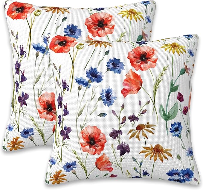 Wildflowers Throw Pillow Covers Set of 2 Watercolor Poppy Pillow Covers 18x18 Inch Modern Farmhouse Home Decorative Pillow Cases Cushion Cover for Sofa Living Room Office