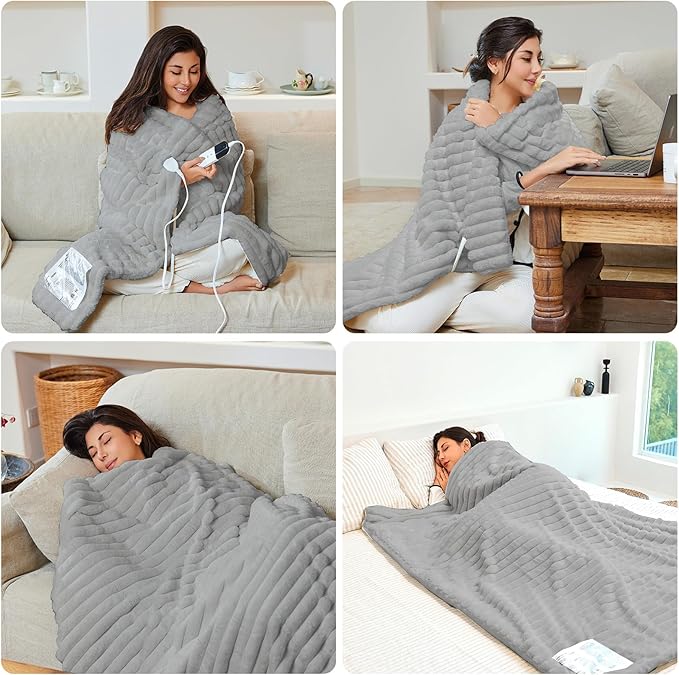 Heated Electric Blanket Throw: 6-Level Fast Heating, 4-Hour Auto-Off, Soft&Warm Stripe Faux Rabbit Fur, for Couch Home Office, with Overheating Protection & ETL Certified(50 x 60,Gray)