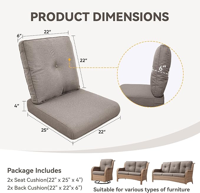 Patio Cushions for Outdoor Furniture - 22" x 25" x 4" UV Resistant Thick Foam Cushions Water Resistant Replacement Cushion for Outdoor Patio Furniture Chair/Sofa/Couch | Grey | 2-Pack |