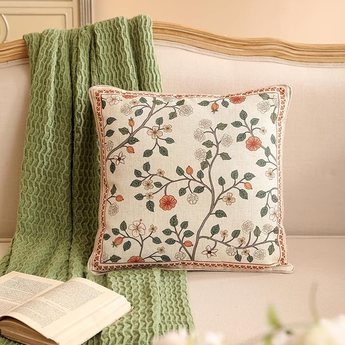 ISAENNE Design Linen Classic Throw Pillow Covers 18"x18", French Farmhouse Square Cushion Covers with Orange White Floral Pattern Decoration Pillowcases for Bed,Living Room,Outdoor,Car