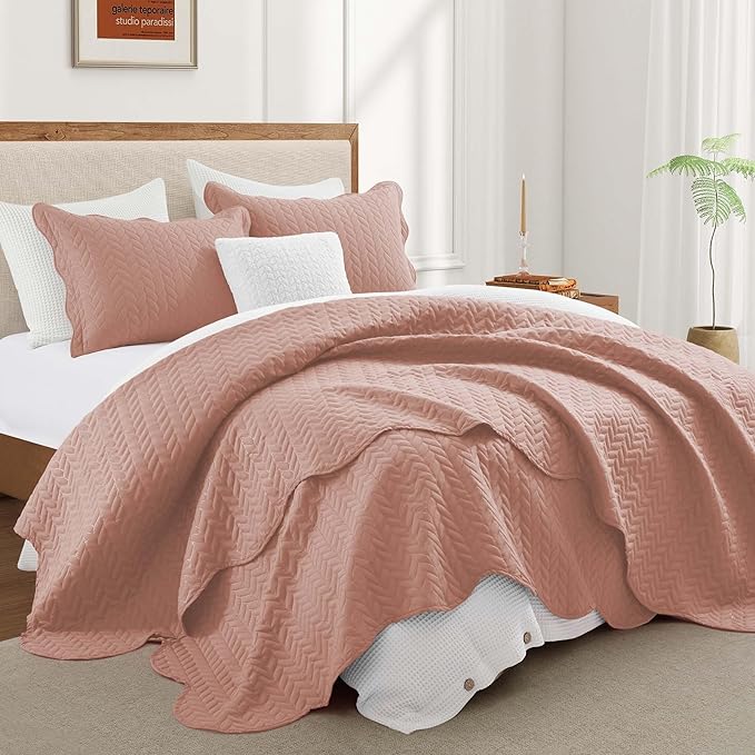 IR Imperial Rooms Twin Quilt Bedding Set Size (68” x 86”) + 1 Pillow Shams (20” x 26” + 2”) - 2 Pcs All Season Lightweight Reversible Microfiber Coverlet Embossed Quilt Bedspread (Peach/Baby Pink)