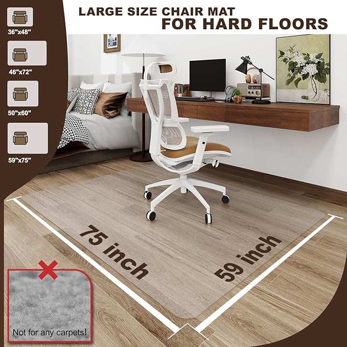 Upgraded 2mm Thick Clear Office Chair Mat, 59"x75" No Slip Vinyl Desk Chair Mat for Hard Floors, Heavy-Duty PVC Computer Floor Mat, Waterproof Rolling Chair Floor Protector for Home Office