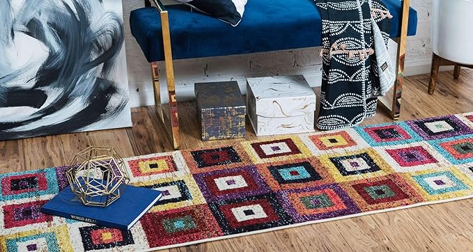 Unique Loom Estrella Collection Colorful, Geometric, Squares Modern, Abstract Area Rug (2' 7 x 10' 0 Runner, Multi/Beige)