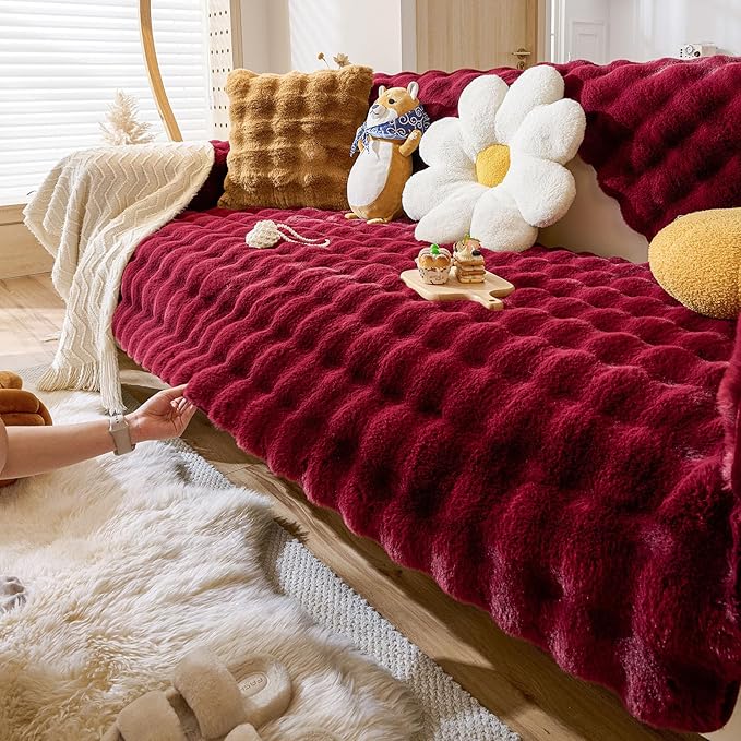 Christmas Faux Fur Couch Cover Fuzzy Soft Plush Thick Bubble Sofa Cover Luxury Sectional Couch Covers Luxury Anti-Slip Sofa Slipcover Washable Furniture Protector (Wine Red,28"x47")